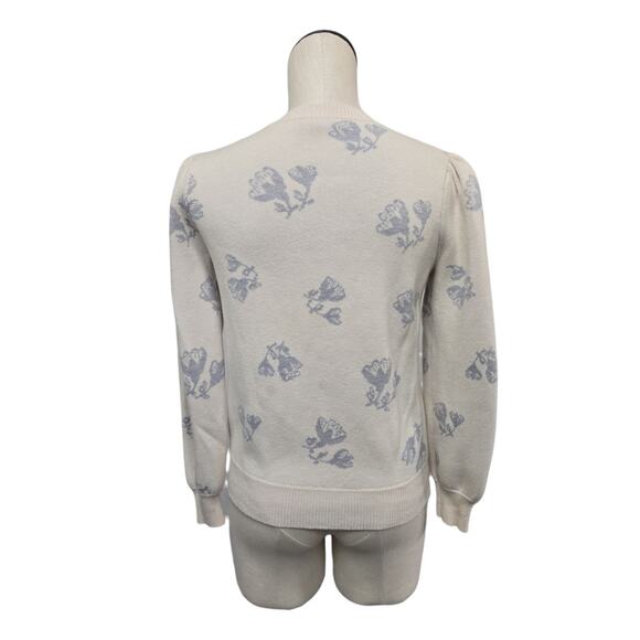 Rebecca Taylor Wool Puff Sleeve Sweater Size Medium Floral Blue Cream Cottage - Picture 2 of 9